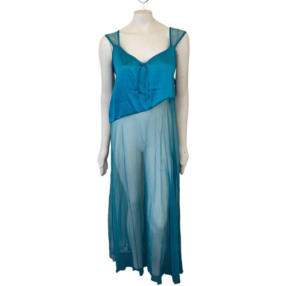 VTG 80s PETRA FASHIONS Satin Sheer Long Chemise Nightie Lingerie in Teal SZ L